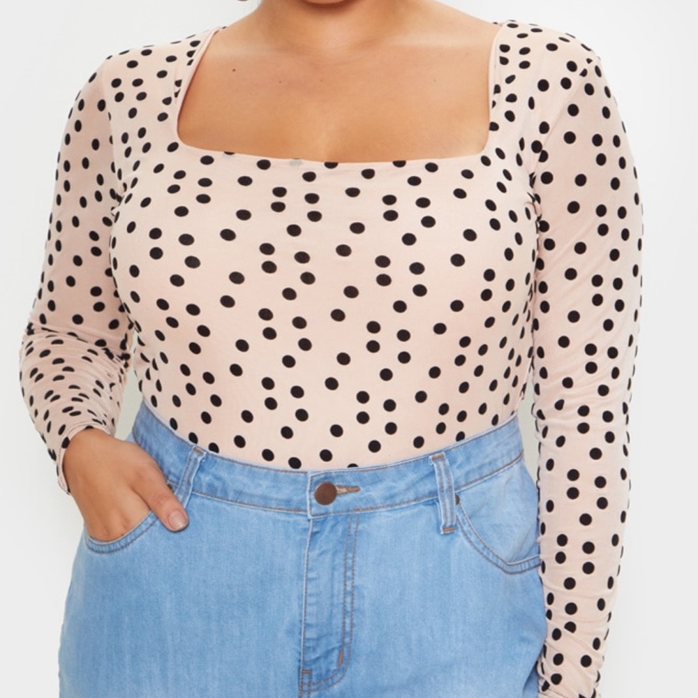 Plus Stone Polka Dot Mesh Square Neck Bodysuit